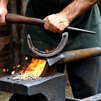 The blacksmith forges the iron to make it fit the horses hoof On the picture you see the blacksmith who puts the horseshoe on the hoof-1
