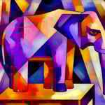 een paars met oranje olifant die op een tafel staat in picasso stijl