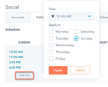 Sociale media planner en kalender HubSpot - tijdstip selecteren