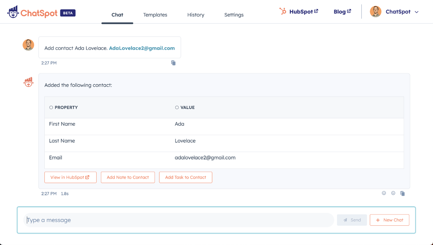 AI chatbot ChatSpot HubSpot record acties - contact toevoegen
