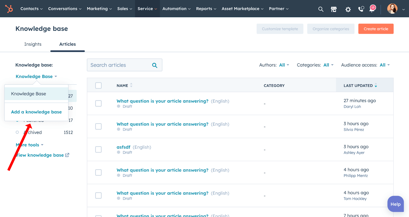Afbeelding meerdere kennisbanken in HubSpot