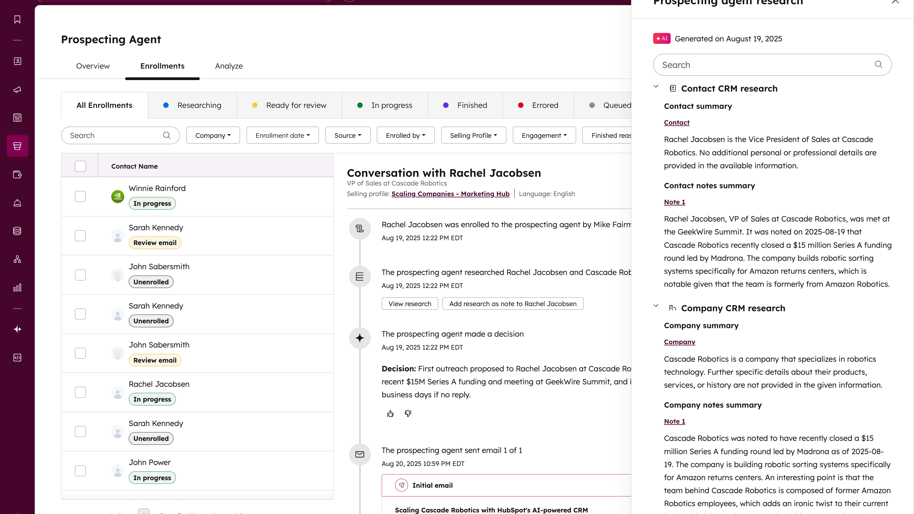 Afbeelding van de Prospecting Agent in HubSpot