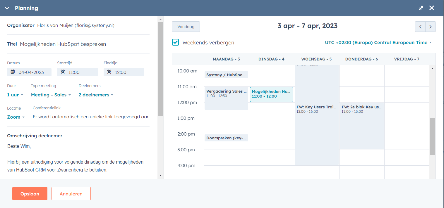 Afspraak plannen met Zoom HubSpot Integratie en Google of Outlook agenda - NL