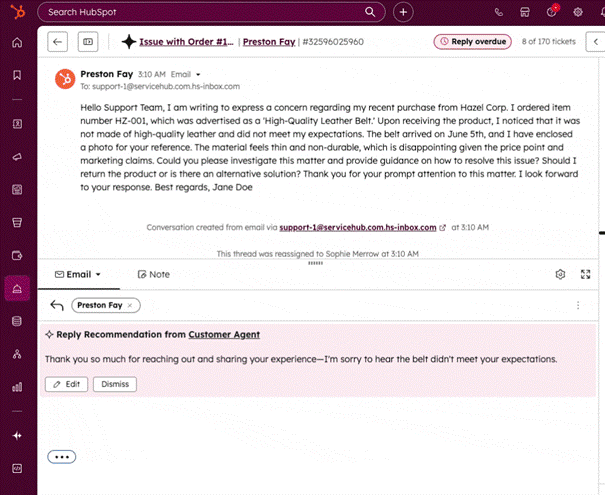 Automatische antwoordsuggesties van de Customer Agent van HubSpot
