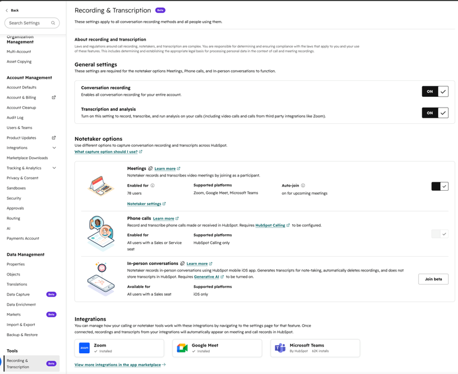 Centrale opslag voor opnames en transcripties in HubSpot
