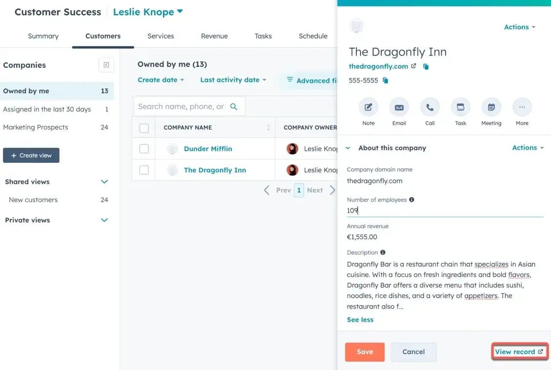 Customer Success workspace in HubSpot voorbeeld