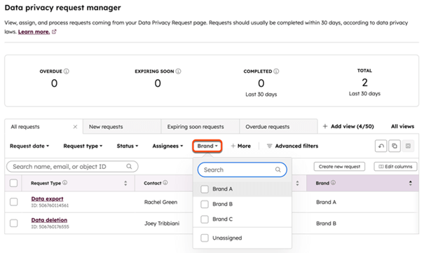 Data privacy request manager in HubSpot