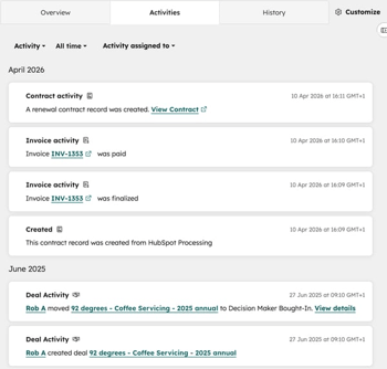 De activiteiten in een contractrecord in Hubspot