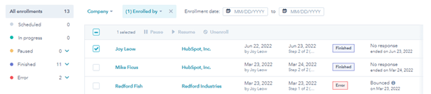 De status van de sales sequence in HubSpot