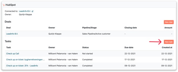 Deals en taken in HubSpot en Leadinfo