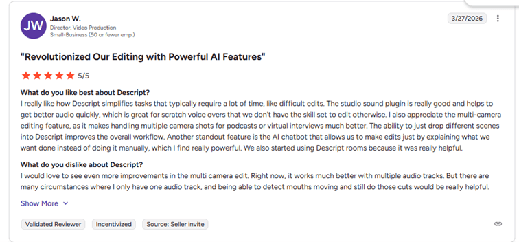 Een van de vele positieve reviews over de videosoftware van Descript op G2