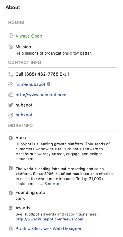 Facebook marketing - over je organisatie invullen