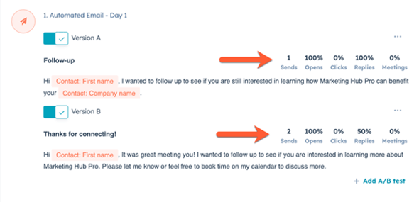 HubSpot Sales Hub AI Artificial Intelligence - sales sequenties AB test