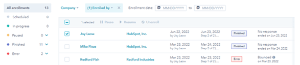 HubSpot Sales Hub AI Artificial Intelligence - sales sequenties status