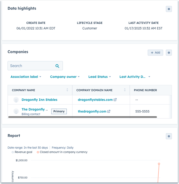 HubSpot Updates november 2023 - voorbeeld tabblad record met kaarten