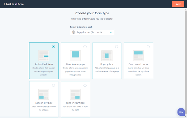 Kies een formulier type in HubSpot