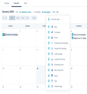 Marketingkalender in de HubSpot Marketing Hub