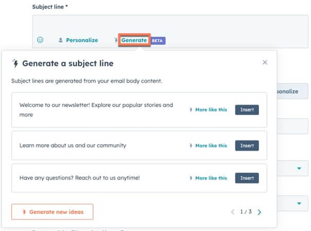 Onderwerpsuggesties voor marketing e-mails met de AI content assistant van HubSpot (1)