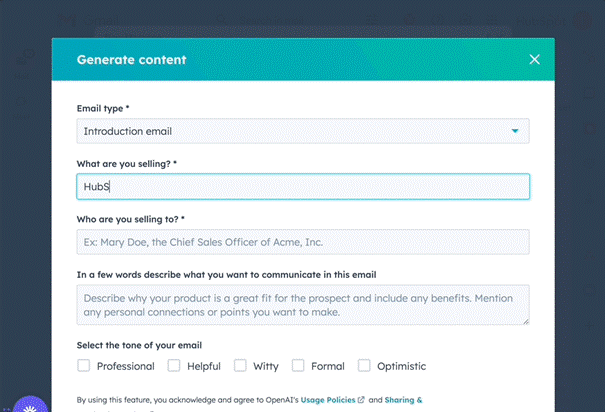 OpenAi Content Assistant HubSpot - verkoop e-mails opstellen