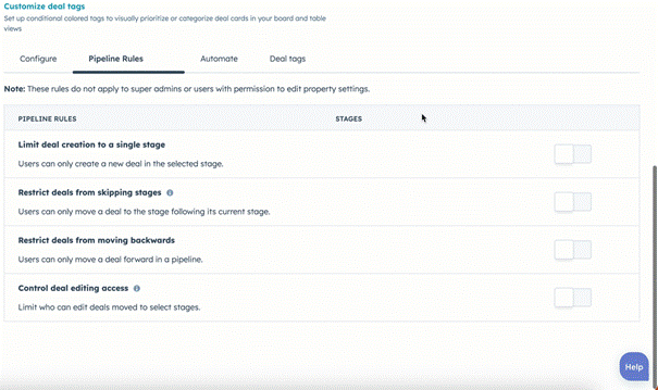 Regels instellen voor dealpijplijnen in HubSpot