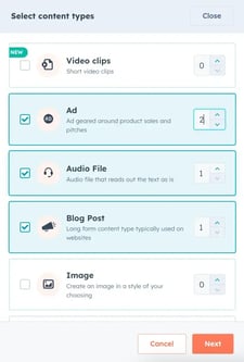 Selecteer de content types die je wilt remixen met de Content Remix van HubSpot
