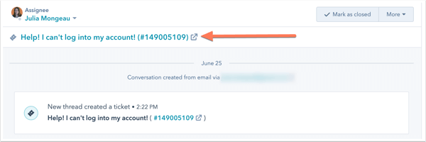 Serviceticket aangemaakt via de Conversations Inbox van HubSpot