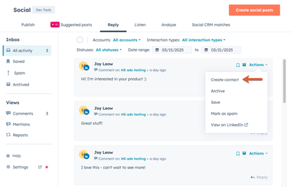 Sociale connecties opslaan in HubSpot