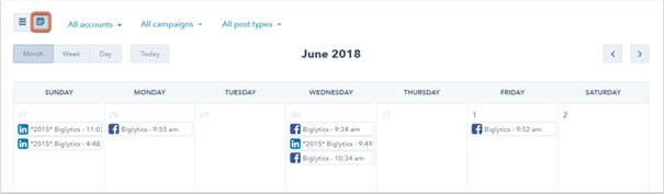 Sociale media planner en kalender HubSpot - overzicht