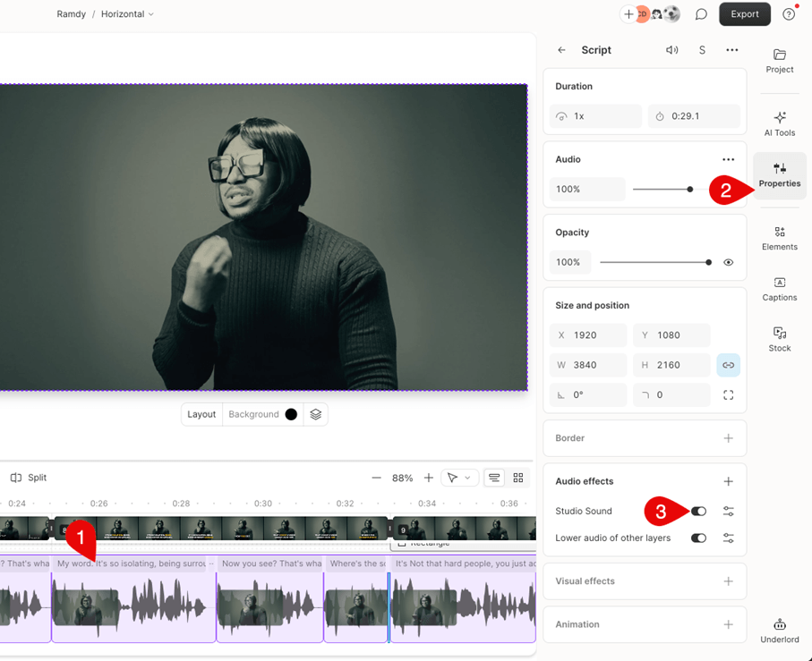 Studio Sound in je Descript-videos