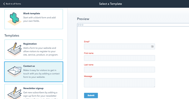 Template selecteren voor een digitaal formulier in HubSpot