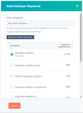 Voeg een zoekwoord voor je sub topic aan je topic cluster in HubSpot toe