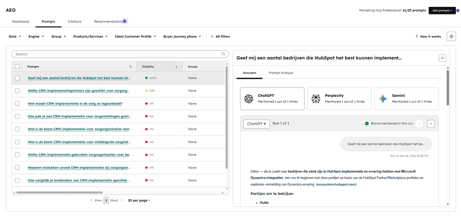 Volg prompts en meet je online AI-zichtbaarheid met de AEO-tool in HubSpot