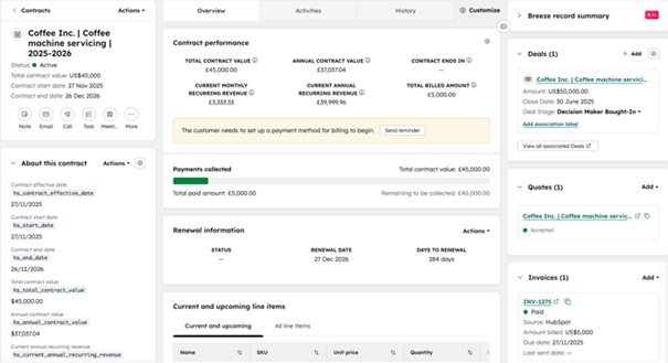 Voorbeeld van een contractrecord in HubSpot