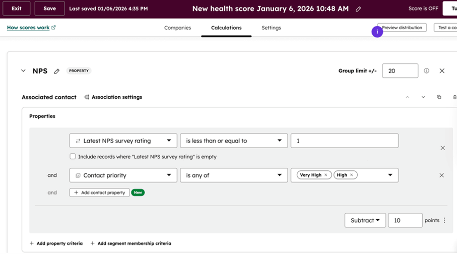 Voorwaardelijke scoreberekening voor health scores in HubSpot