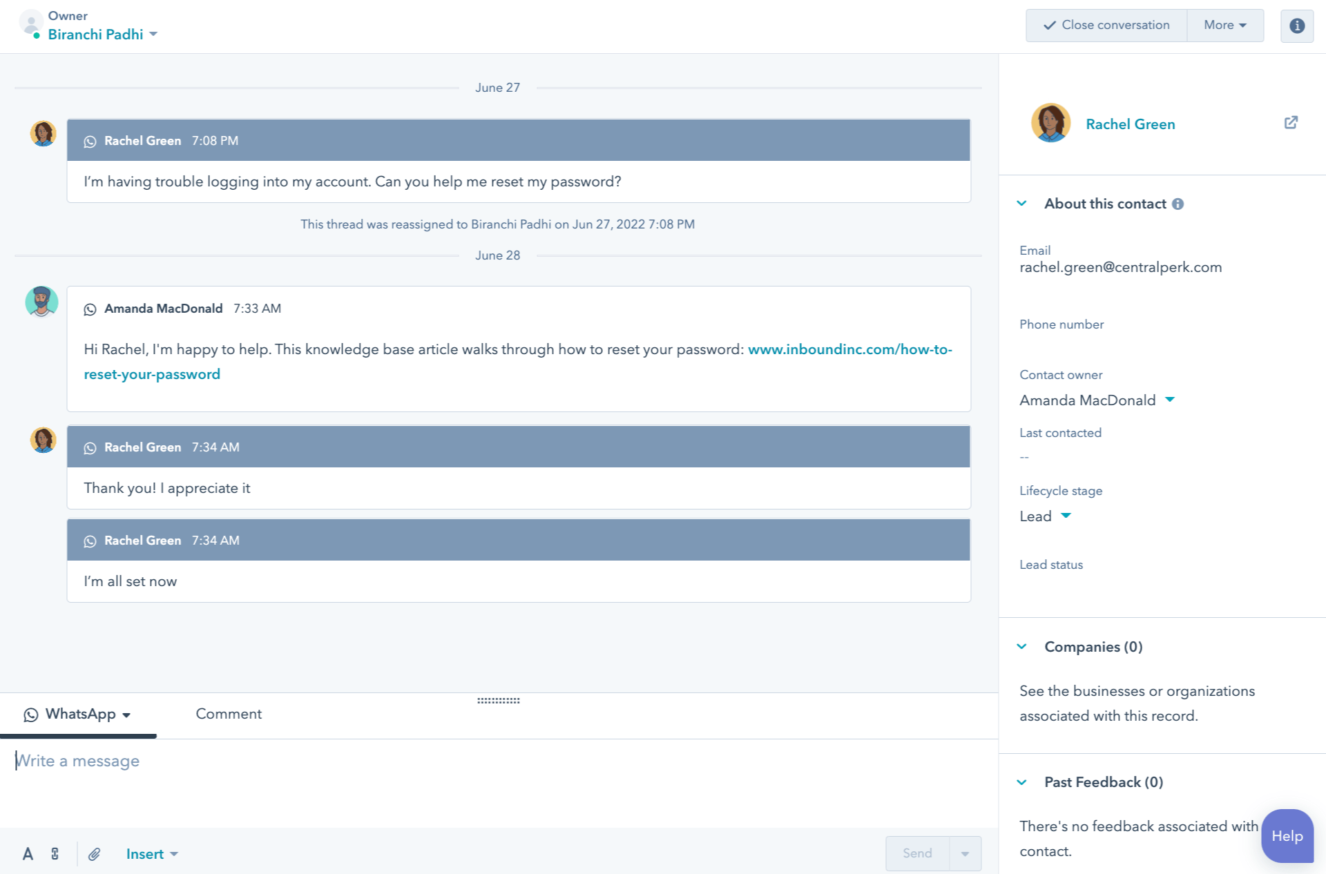 WhatsApp-integratie HubSpot gesprek