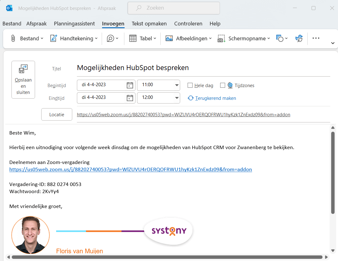 Zoom HubSpot integratie online afspraak plannen - NL