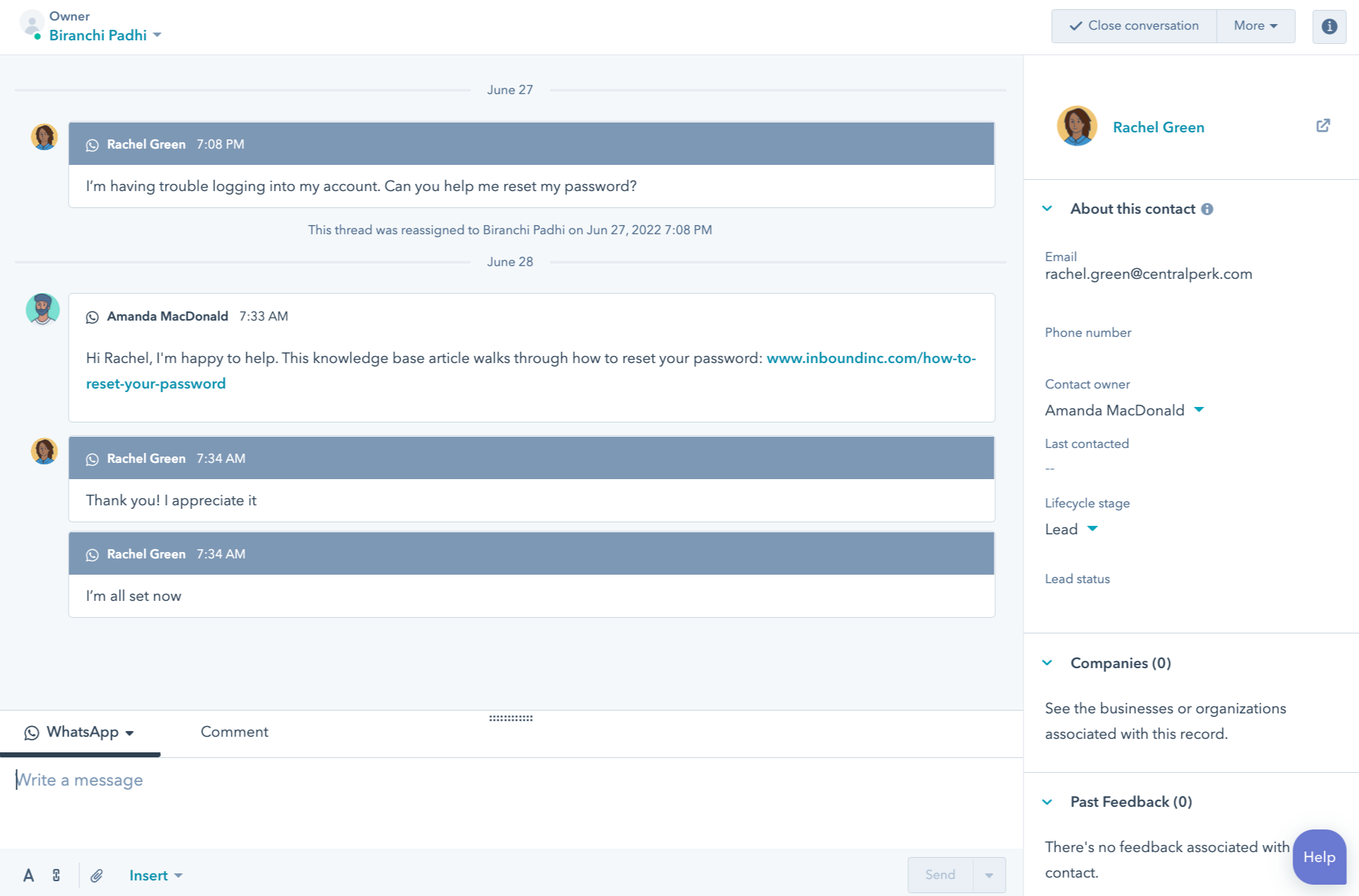 WhatsApp-integratie HubSpot gesprek